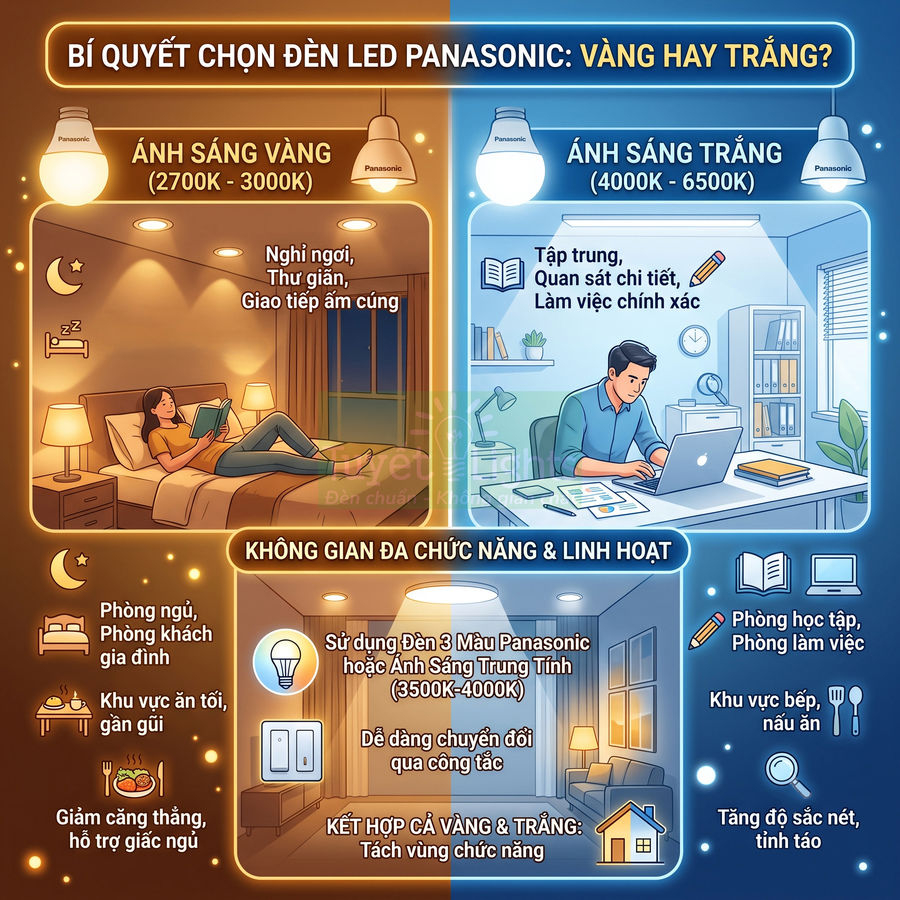 Đèn LED Panasonic ánh sáng vàng và trắng cho phòng ngủ, phòng khách, phòng làm việc và không gian đa chức năng